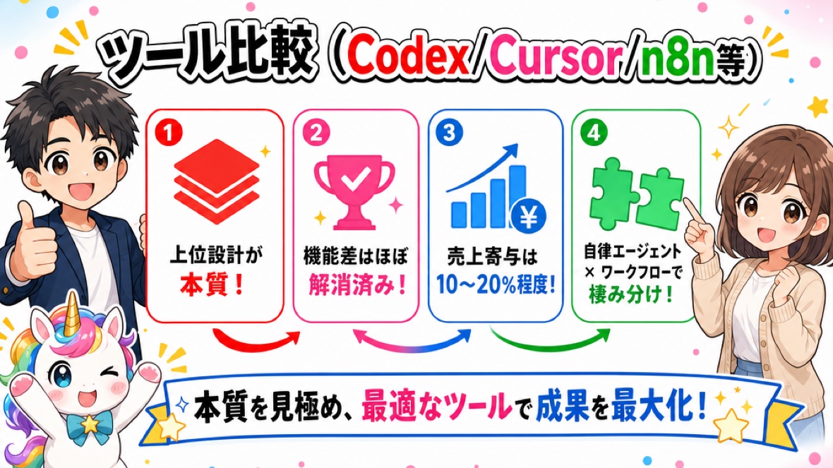ツール比較(Codex/Cursor/n8n等) の要点 図解(ClaudeCode掲示板)