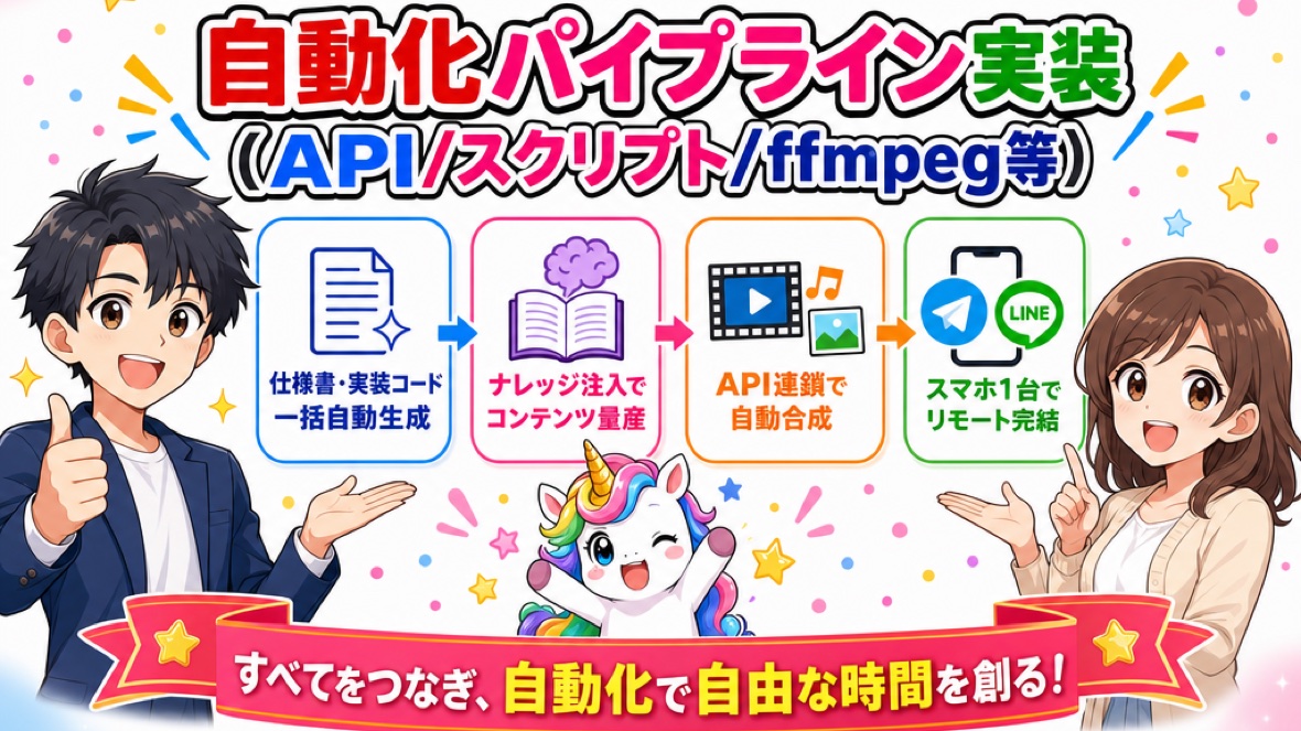 【技術】自動化パイプライン実装(API/スクリプト/ffmpeg等) の要点 図解(ClaudeCode掲示板)
