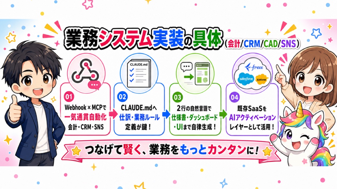 【技術】業務システム実装の具体(会計/CRM/CAD/SNS) の要点 図解(ClaudeCode掲示板)