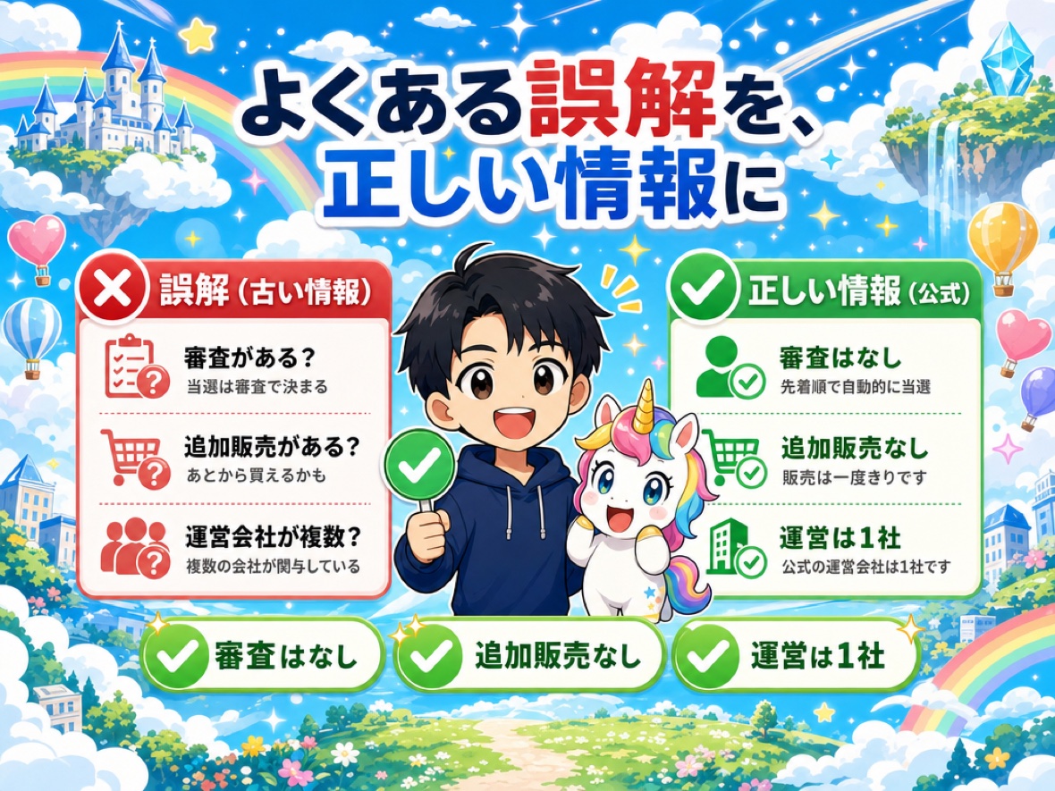 「誤解（古い情報）」と「正しい情報（公式）」を対比し、審査なし・追加販売なし・運営は1社であることを案内する男性キャラクターとユニコ🦄マスコットの図解