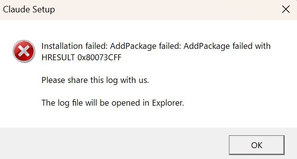 Claude Setup のエラー『Installation failed: AddPackage failed with HRESULT 0x80073CFF』