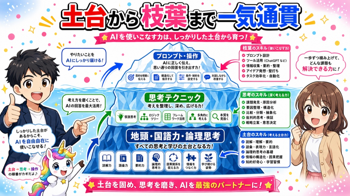 水面下に大きな土台がある氷山を指し示す男性キャラクターとユニコ🦄マスコット