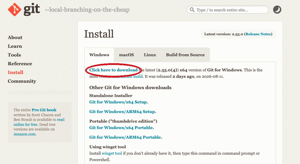 git-scm.com のInstallページ（Windowsタブ）。左上の「Click here to download」リンクを赤丸で示した画面。