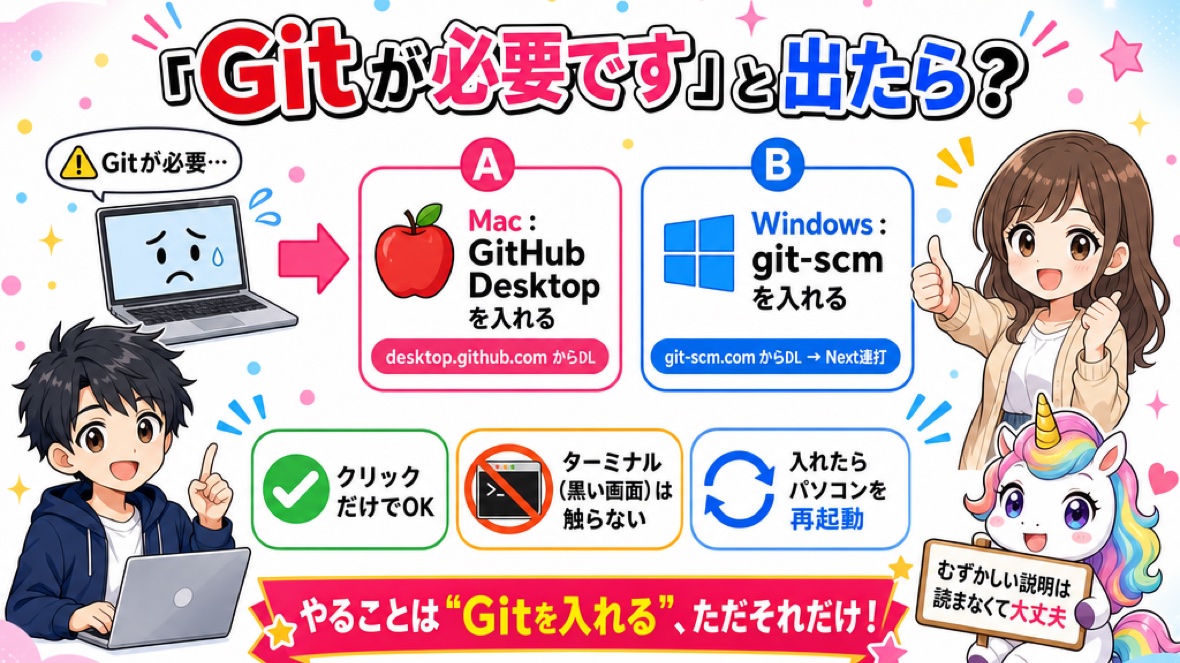 「Gitが必要です」と出たら？Mac は GitHub Desktop、Windows は git-scm からインストール。ターミナルは不要・クリックだけでOK。