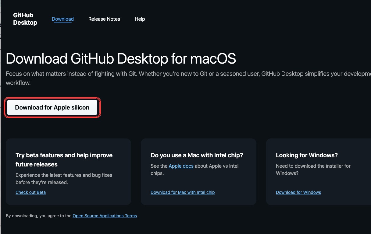 GitHub Desktop のダウンロードページ。「Download for Apple silicon」ボタン（赤枠）を押す。Intel入りMacは下の「Download for Mac with Intel chip」。