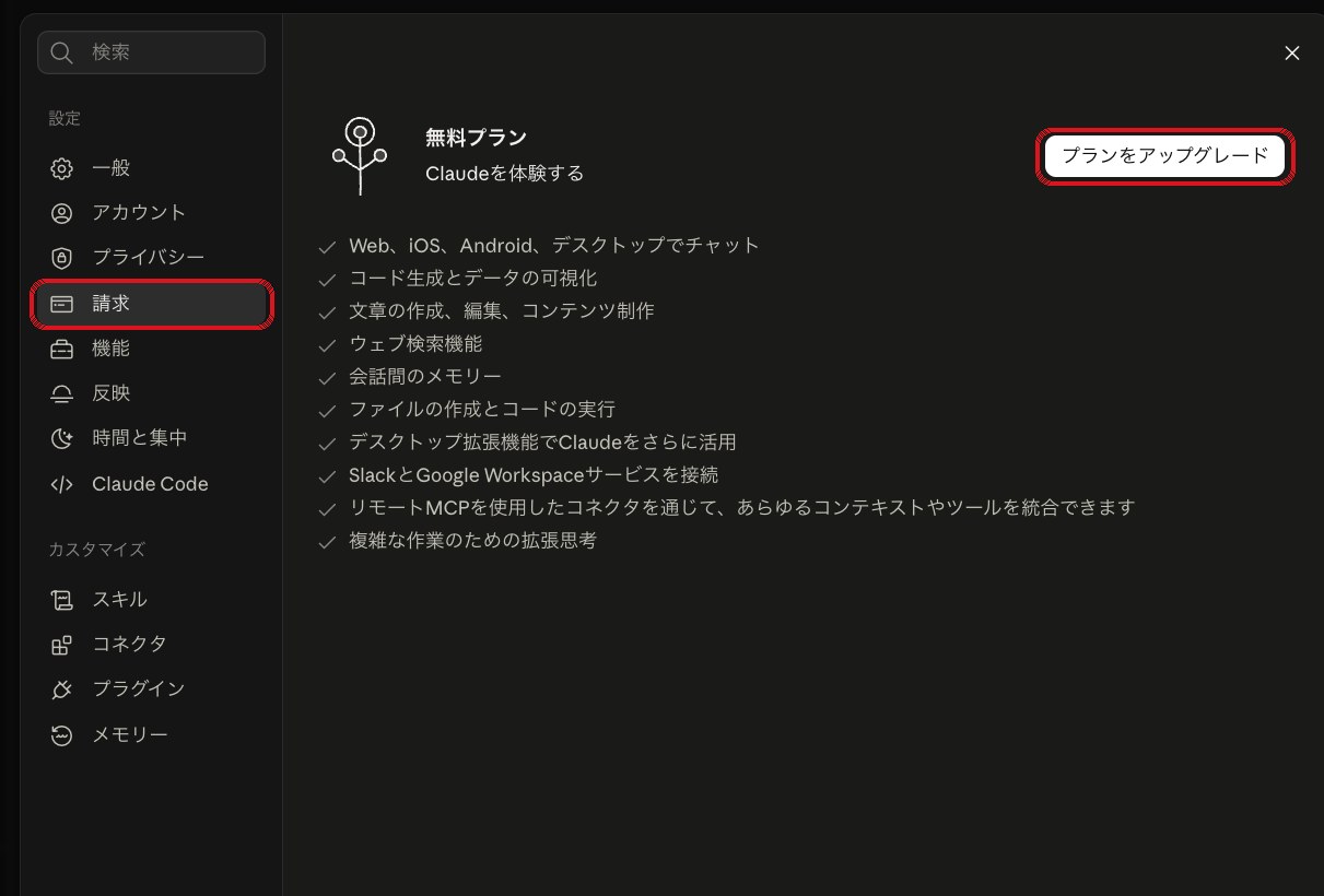 Claudeの設定画面。左メニューの「請求」を開き、右上の「プランをアップグレード」を押す。
