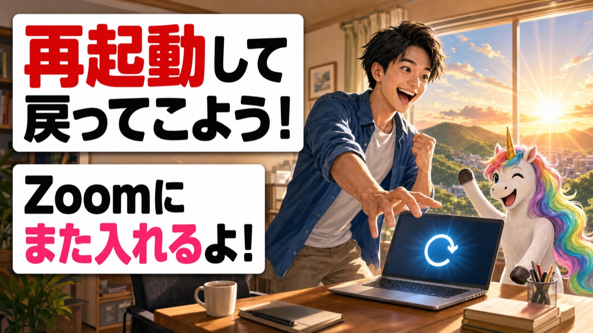 「再起動して戻ってこよう！Zoomにまた入れるよ！」の図解。再起動しても招待URLからZoomに再入室できる。