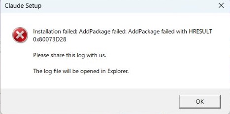 Windowsのインストールエラー画面（Claude Setup: Installation failed）。この場合はインストーラーを右クリックして管理者として実行する。