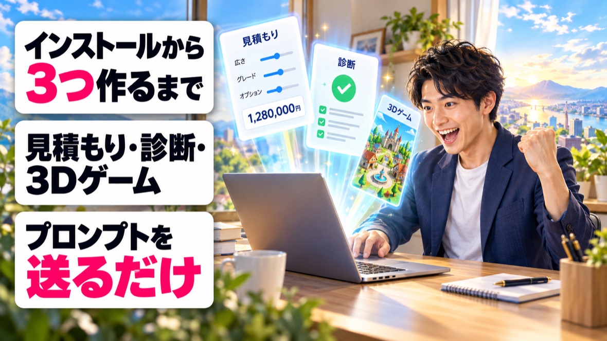 Codexを体験：Codexの準備（インストールからフォルダ指定まで）をクリックだけで終わらせる流れの図解。