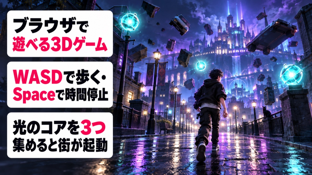 3Dゲーム：ネオン街を歩き、時間を止めて光のコアを集めるとクリア