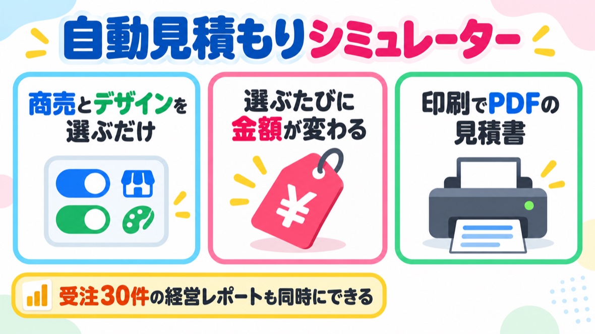 自動見積もりシミュレーター：商売とデザインを選ぶだけ・選ぶたびに金額が変わる・印刷でPDFの見積書