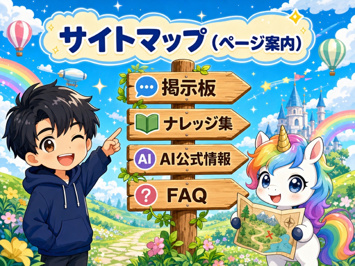 掲示板・ナレッジ集・AI公式情報・FAQ への道しるべを示す案内図と男性キャラクター・ユニコ🦄マスコットの図解