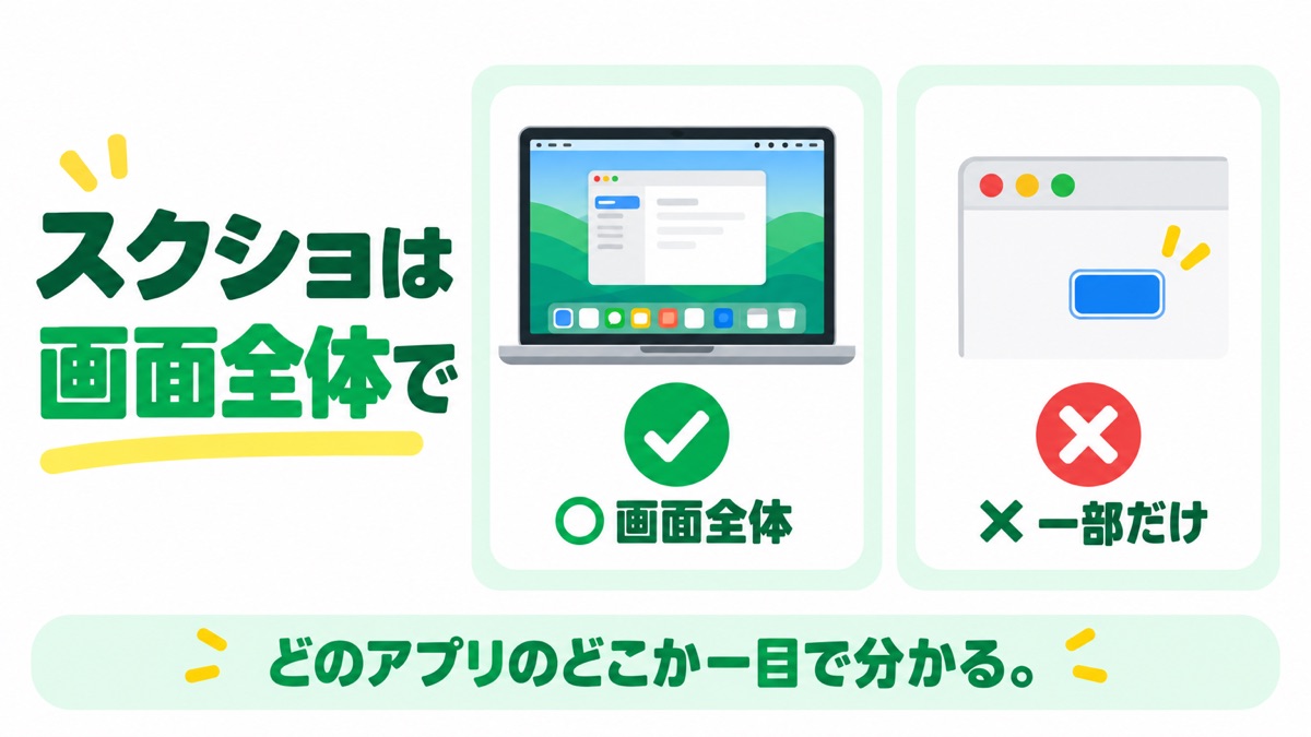 スクショは画面全体で（◯画面全体／✕一部だけ）